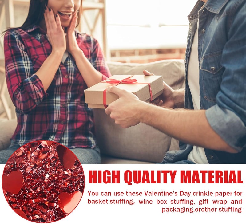 TORONTOKYO 32oz Valentine's Day Crinkle Cut Paper Shred, Red Metallic Raffia Paper Shred Filler Grass with Red Heart Confetti for Gift Wrapping, Basket Filling, Wedding, Party Supply - Image 4